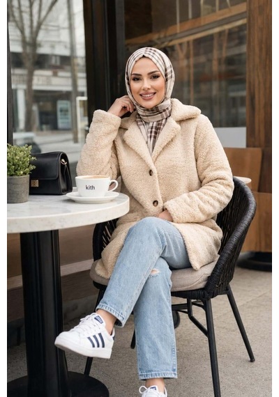 Hb Harma Time Butik Kadın Astarlı Düğmeli Kruvaze Bej Peluş Kaban Bej Bej