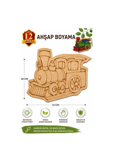 Ahşap Boyama Tren 12 Adet 10x15cm Araba Boyama Figürü Etkinlik Çoçuk Gelişim Motor Beceri Kreş Anasınıfı