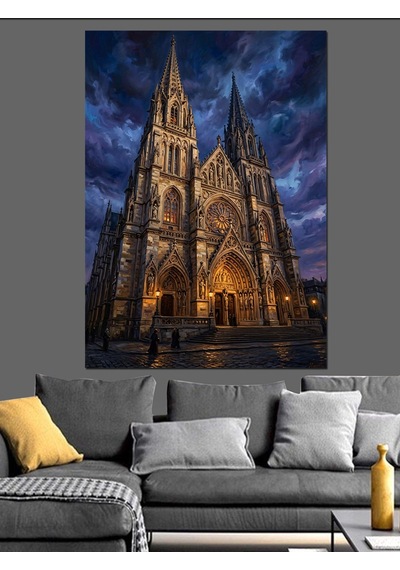 Gece Işıklarında Gotik Katedral Mimarisi Dekoratif Kanvas - Mdf Ahşap Tablo