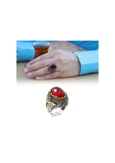 Faset Kesim Kırmızı Zirkon Taşlı Oval Tasarım 925 Ayar Gümüş Erkek Yüzük