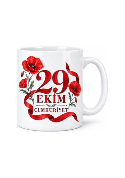29 Ekim Cumhuriyet Gelincik Çiçekli Porselen Kupa - Kırmızı Beyaz Tasarım - Model 260 Diğer