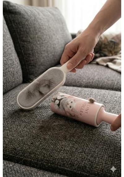Tüy Toplama Seti 2 Li 60 Yaprak Yapışkanlı Rulo + Kumaş Tüy Temizleme Fırçası Kedi Köpek Tüy Toplayıcı