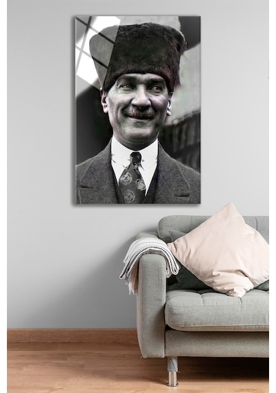 Atatürk Şapkalı Portre Cam Tablo - Ofis Dekorasyon - 4 Mm Kırılmaz Temperli Duvar Tablosu - Ev Dekor