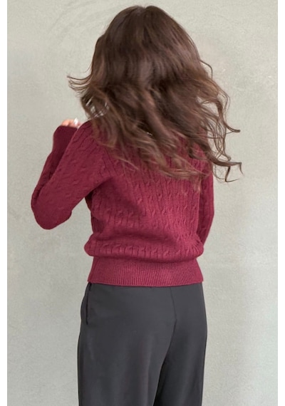 Madmext Bordo Bisiklet Yaka Örgü Desenli Kadın Hırka Mg2899