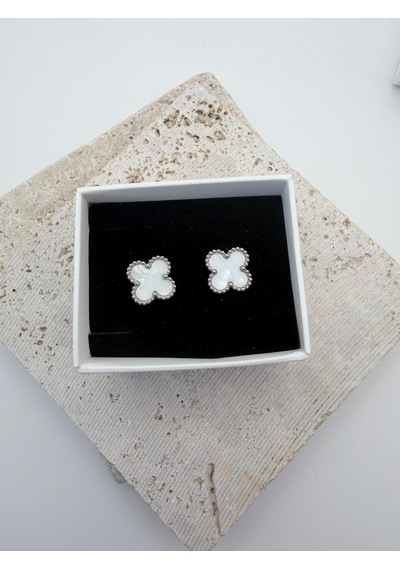 Çelik Yonca Küpe Renkli Mineli Gold Kadın Küpe 1 Cm Minimal Günlük Küpe Beyaz