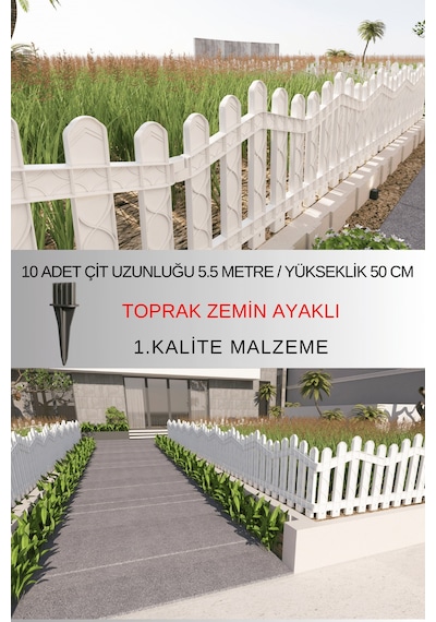 Dekoratif Plastik Bahçe ve Peyzaj Çiti 10 ADET ÇİT (Y: 50 CM / G: 5.5 M) Toprak Ayaklı - Beyaz