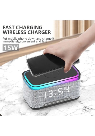 Rgb 13 Mod Led Işıklı Masa Üstü Bluetooth Speaker Masa Saati Alarmlı 15w Kablosuz Şarj Standlı