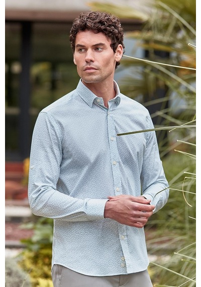 İmza Koyu Haki Kısalabilir Kol Baskılı Düğmeli Yaka Cepsiz %97 Pamuk %3 Elastane Klasik Slim Fit Gömlek 1004240116 Koyu Haki