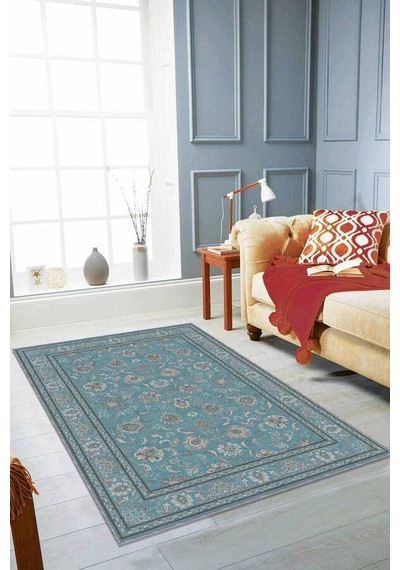 Turkuaz Vintage Kaymaz Taban Makinede Yıkanabilir Halı Rv290n11