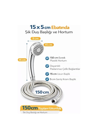Duş Başlığı Seti 150 Cm Hortumlu, 7.5 Cm Başlık Çapı, 21 Cm Krom Saplı El Duşu, Esnek Plastik Hortum, Paslanm Diğer