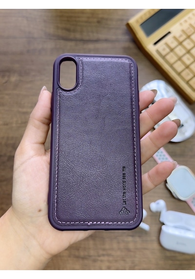 Apple iPhone X Uyumlu Premium Deri Dokulu Darbelere Karşı Dayanıklı Nazal Silikon Kılıf Mor