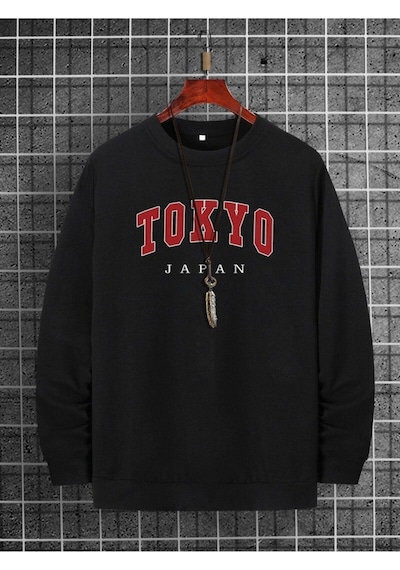 Erkek Siyah Tokyo Baskılı Oversize Sweatshirt Siyah