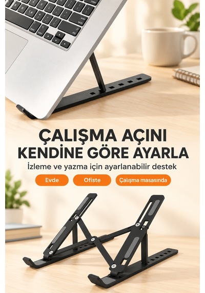 7 Kademeli Ayarlı Katlanabilir Laptop Ve Tablet Standı Siyah Kaymaz Silikon Destekli Masaüstü Tutucu