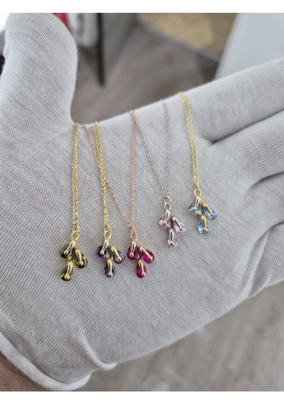 925 Ayar Salkım Damla Doğum Taşlı Kolye.rose.gold.rodaj Damla Gümüş