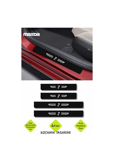 Karbon Kapı Eşik Koruyucu Mazda 2 Yazılı Dekoratif Siyah Karbon Beyaz Yazılı 4 Parça Koruma Mazda 2