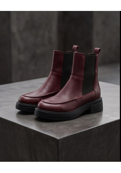 Futsishoes Freya Bordo Hakiki Deri Kalın Taban Lastikli Günlük Şık Kadın Bot