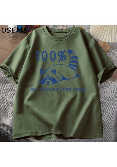 Flood Of Style 100% Bugün Evden Ayrılmıyor T Shirt Kısa Kollu Rakun Yorgun Yorgun T-shirt Anne Hayat Vintage Yeşil