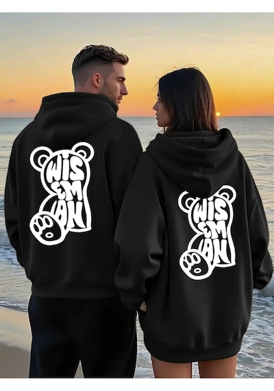 Nevermind Wisem Bear Baskılı Hoodie Trend Sevgili Kombini Oversize 3 İpli Siyah