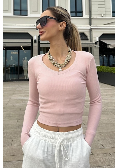 Madmext Pembe V Yaka Uzun Kollu Kaşkorse Body Mg2192 Pembe