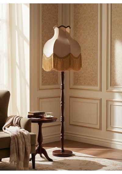Vizon Kadife Başlık Kahve Ahşap Ayaklı Lambader Vintage Model 170x45cm