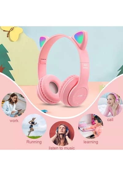 Qasul P47 Kedi Kulak Led Işıklı Kablosuz Bluetooth Mikrofonlu Hafıza Kulaklık 