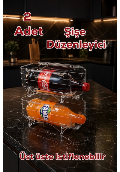 Porsima L-00608 Dolap İçi Şişe Organizeri Kat Kat İstiflenebilir Buzdolabi Düzenleyici Seti 2 Adet Şeffaf