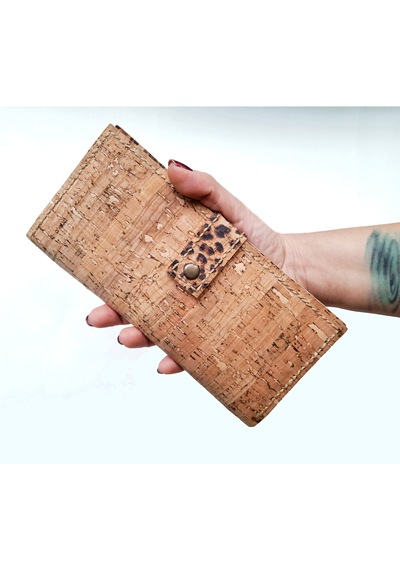 Doğal Vegan Mantar Derisinden Telefon Bölmeli Leopar Desenli Clutch Kadın Cüzdan Leopar
