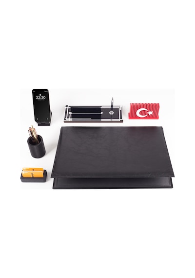 Redora Türk Bayraklı Biblolu Gümüş Renk Deri Ofis Sümen Seti İsme Özel Masa İsimliği Masaüstü Seti