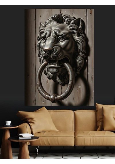 Ahşap Tablo Aslan Başlı Kapı Tokmağı