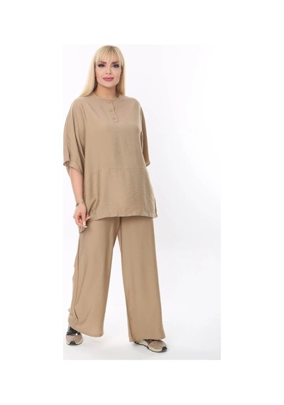 Mia Butik Büyük Beden Bej Yuvarlak Yaka Salaş Takım Bej
