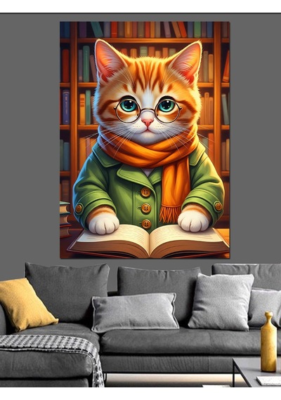 Ahşap Tablo Kitap Okuyan Turuncu Kedi