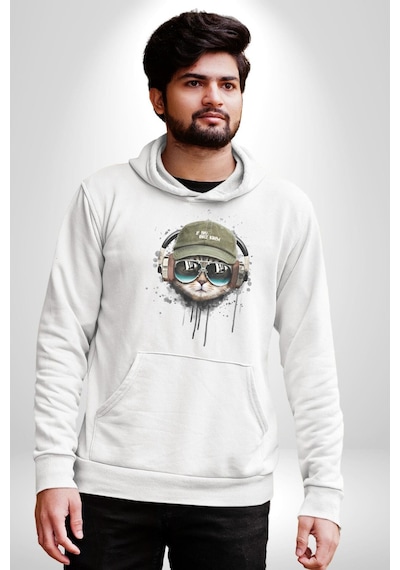 Havalı Pilot Şapkalı Müzik Dinleyen Kedi Kadın Erkek Beyaz Kapüşonlu Sweatshirt Hoodie Beyaz