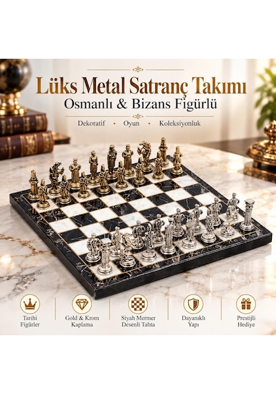Lüks Metal Satranç Takımı Osmanlı Bizans Figürlü Krom Siyah Mermer Desenli 20x20 Premium Hediye Seti