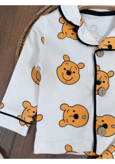 %100 Pamuk Yumuşak Doku Ayıcık Baskılı Mevsimlik Bebek Ve Çocuk Pijama Takımı 4bb2 Beyaz