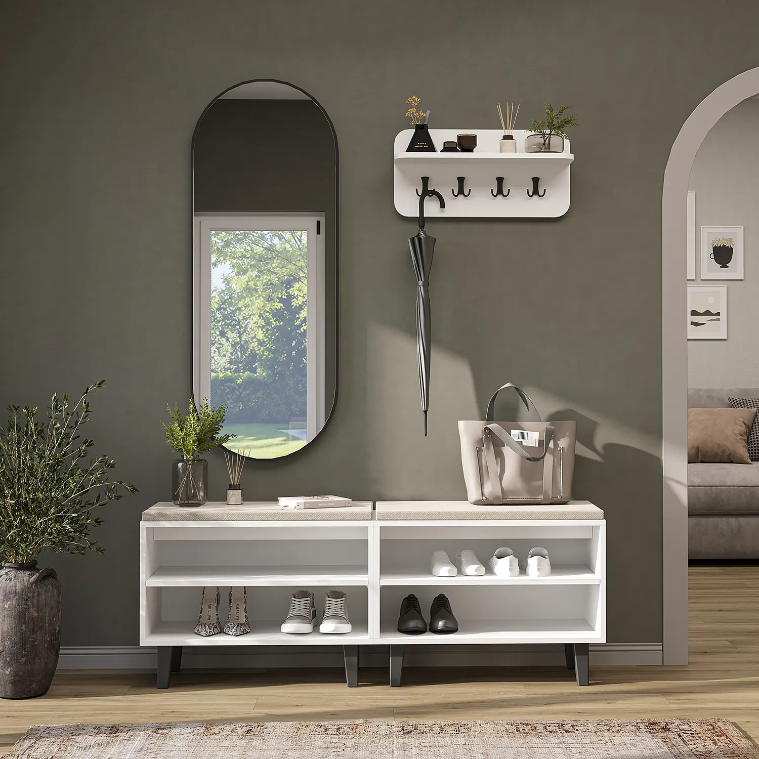 Nord Vestiyer Takımı Askılıklı, Modüler, Bench, Oval Aynalı Portmanto Takımı Beyaz
