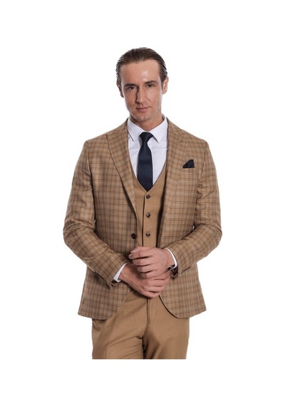 Wessi Ekose Ceketli Slim Fit Taba Erkek Takım Elbise Taba