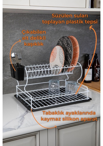 Paslanmaz 2 Katlı Metal Tabaklık Bulaşıklık Bulaşık Sepeti Termo Plastik Kaplama Beyaz Beyaz