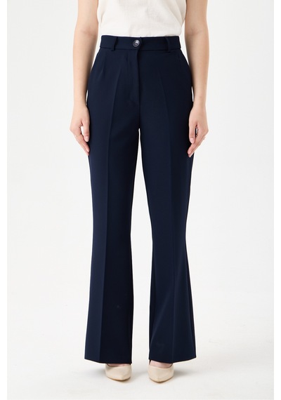 Velnara Moda Lacivert İspanyol Paça Cepli Yüksek Bel Dokuma Kumaş Kadın Pantolon Lacivert - 918305891 Lacivert