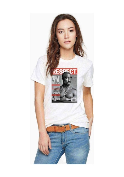 Rap Hiphop 2Pac Respect Cover Baskılı Beyaz Kadın Tshirt (534306366)