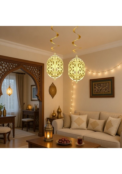 Ramazan Kandil Gold Parlak 2'li 4d Asmalı Dekorasyon Süsü 25 Cm