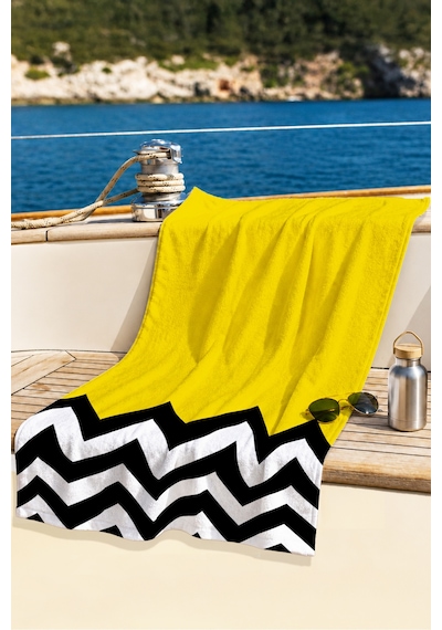 Sarı Zigzag Desenli Modern Plaj Havlusu - Geometrik Siyah Beyaz Minimalist Hızlı Kuruyan Plaj Örtüsü Kül Mercan