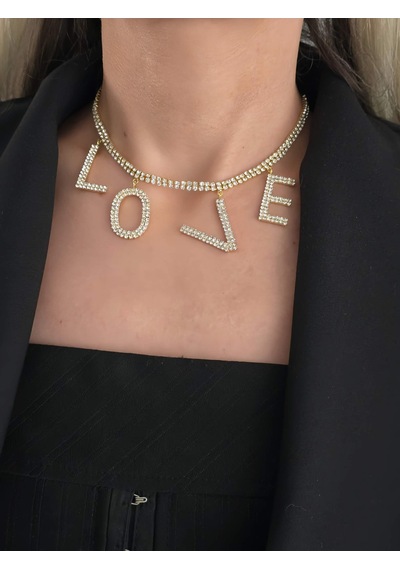 Love Aşk Kristal Taşlı Party Style Altın Kaplama Gold Renk Kolye Gold Çok Renkli