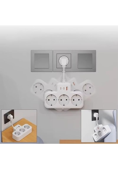 Yüksek Voltaj Korumalı Priz, Duvar Tipi Kısa Kablolu Priz Çoğaltıcı, 3x Soket, 2x Type-c, 1x Usb, 16a, 3680w, 105 Standart