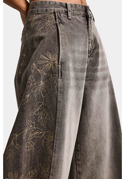 Itsbasic Kadın Kot Rengi 4s6-16 Süper Baggy Balon Fit Nakış Detaylı Özel Tasarım Denim Jean Mavi