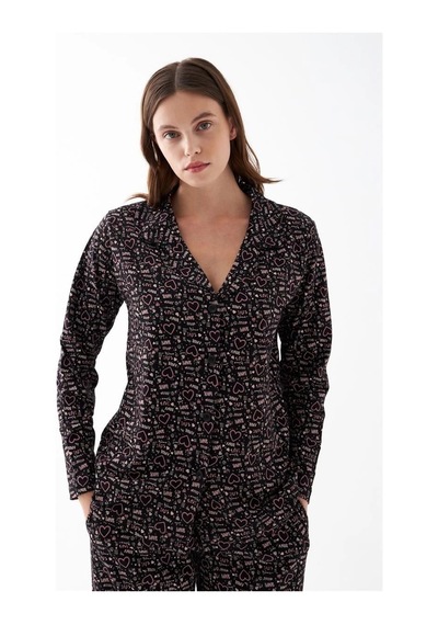 İkikareshop Kadın Siyah Düğmeli Kalp Desenli Pamuklu Pijama Takımı Çok Renkli