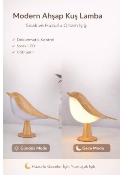Kuş Tasarımlı Ahşap Led Gece Lambası 3 Modlu Şarjlı Dim Edilebilir Diğer