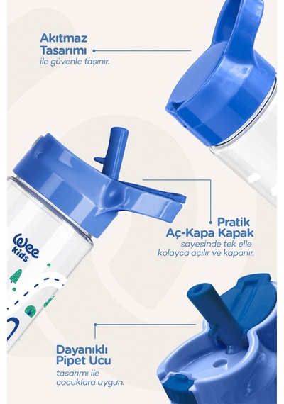 Wee Kids Arabalı Pipetli Çocuk Matarası Okul Ve Kreş Suluğu 500 Ml 12+ Ay Mavi