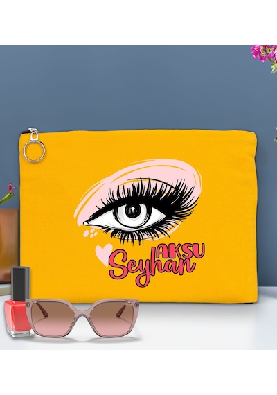 Bk Gift Kişiye Özel İsimli-5 Astarlı Sarı Portföy Çanta 30x21cm, Baskılı El Çantası, Organizer Çanta