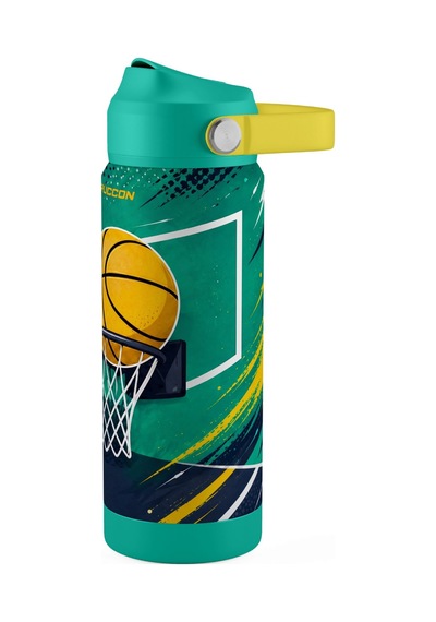 Puccon 540 Ml Basketbol Topu Baskılı Yeşil - Turuncu Erkek Çocuk Pipetli Çelik Termos Matara/suluk - 60060