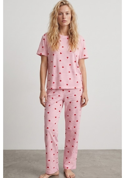 Siyah İnci İnce Soft Örme Mevsimlik Pijama Takımı 8003 Pembe Kırmızı Kalp